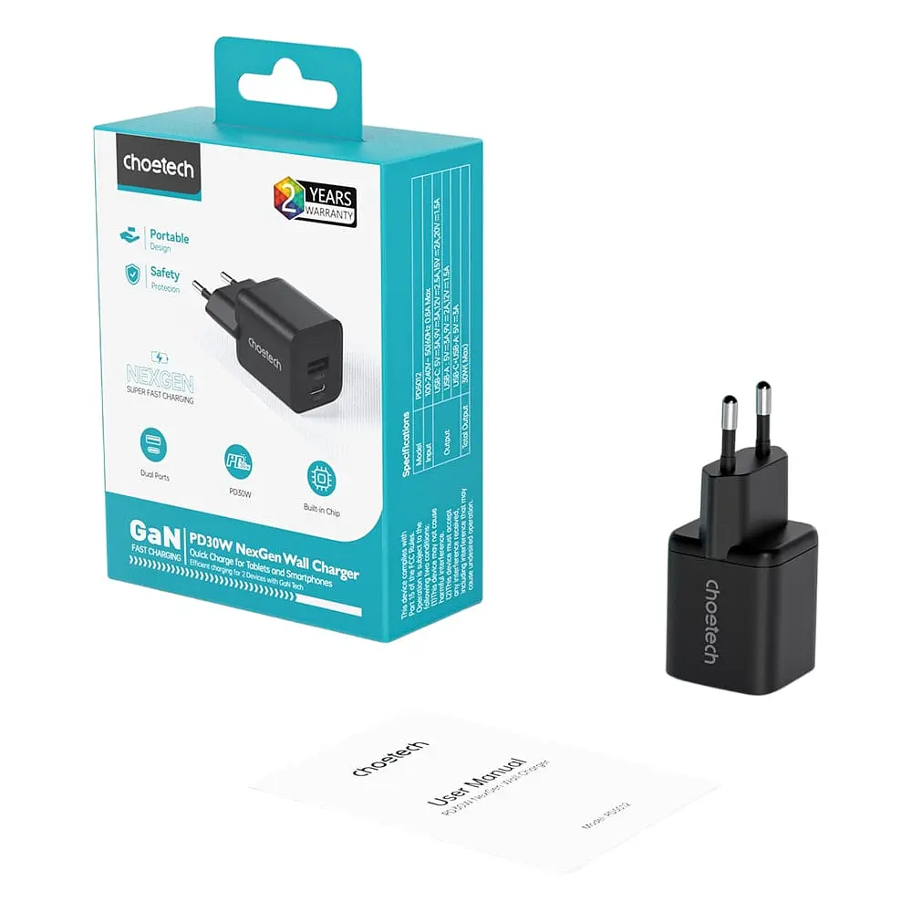 Мережевий зарядний пристрій Choetech PD5012 mini PD30W GAN A+C Black (43-00141) - фото 3