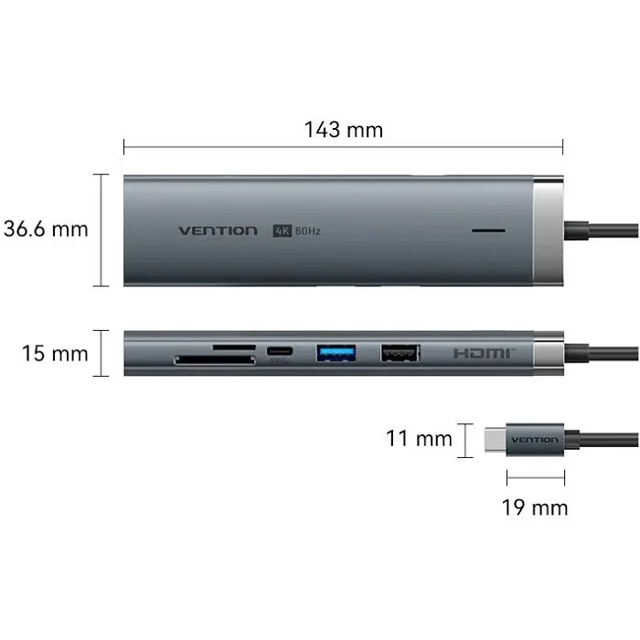 Док-станція USB3.2 Type-C - HDMI 60Hz/USB 3.0x2/RJ45/SD/TF/3.5mm/PD 100W Hub 9-in-1 Vention (TGVHB) - фото 8
