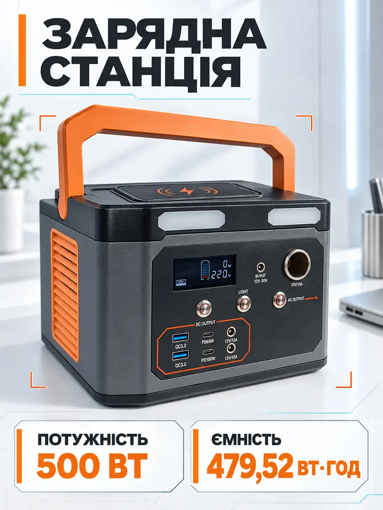 Портативна зарядна станція 500 Вт 479 Вт-год для дому та кемпінгу сіро-помаранчева (37261133) - фото 2