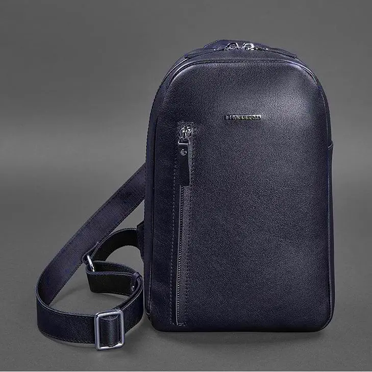 Темно-синій шкіряний чоловічий рюкзак на одне плече Chest Bag - фото 6