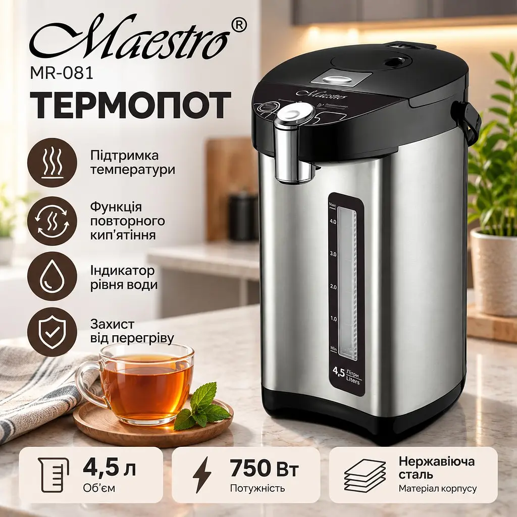 Електричний термопот для нагрівання води 4.5 л Maestro MR-081 мережевий чайник термос із функцією підтримки температури та системою обертання на 360° 750 Вт Сріблясто-чорний - фото 3