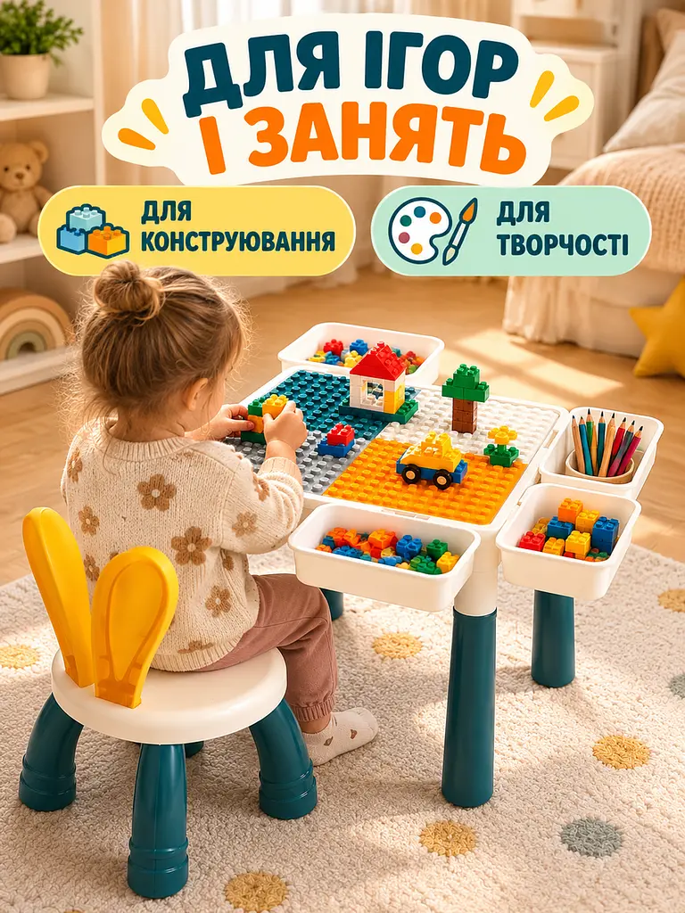 Дитячий багатофункціональний ігровий стіл-трансформер зі стільчиком та конструктором, білий (26276245) - фото 9