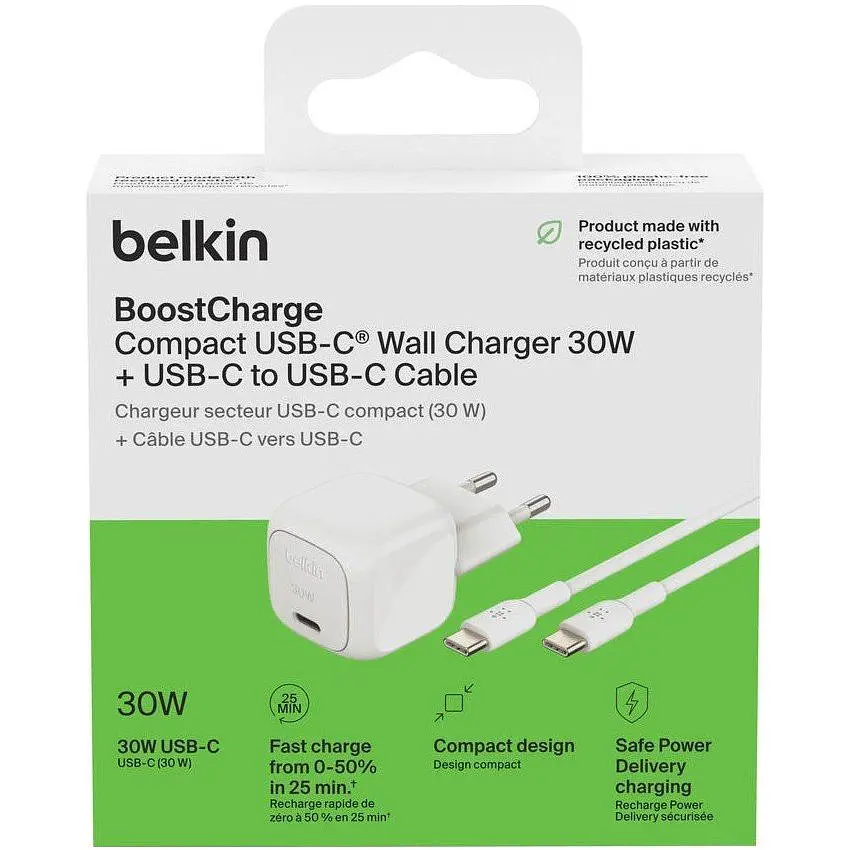 Сетевое зарядное устройство Belkin Boost Up Charge Compact 30W + Cable USB-C to USB-C White (WCA008KQ1MWH-B6) [158909] - фото 7