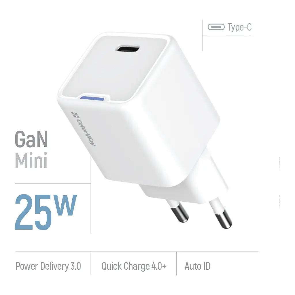Зарядний пристрій ColorWay GaN Mini 25 Вт порт PD PPS USB-C білий (CW-CHS052PD-WT) - фото 7