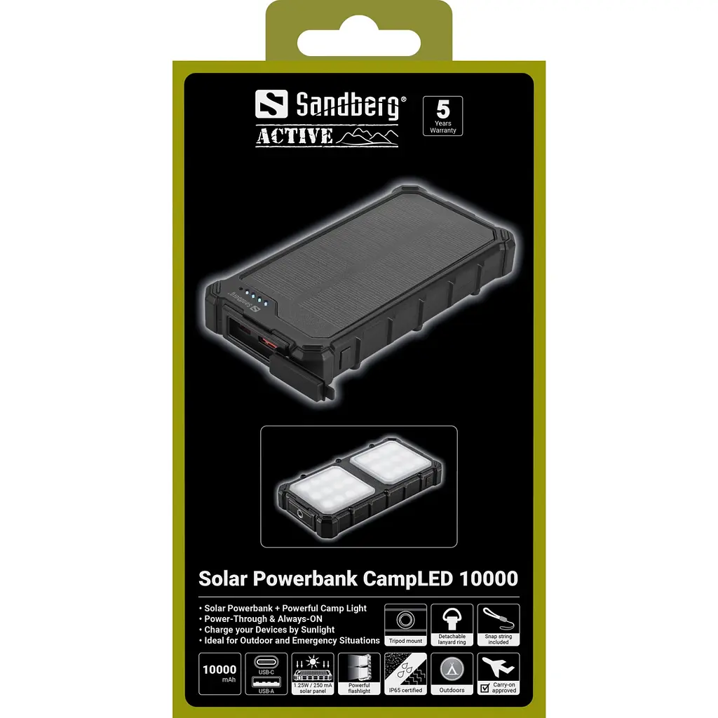 УМБ сонячна Sandberg 10000mAh 22,5W PD Solar Powerbank CampLED, USB-A,USB-C In/Out, PowerThru - фото 7