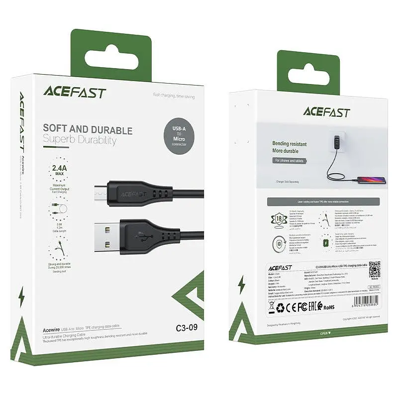 Кабель Acefast C3-09 USB to Micro 2.4A 1.2 м TPE TPE connectors черный - фото 2