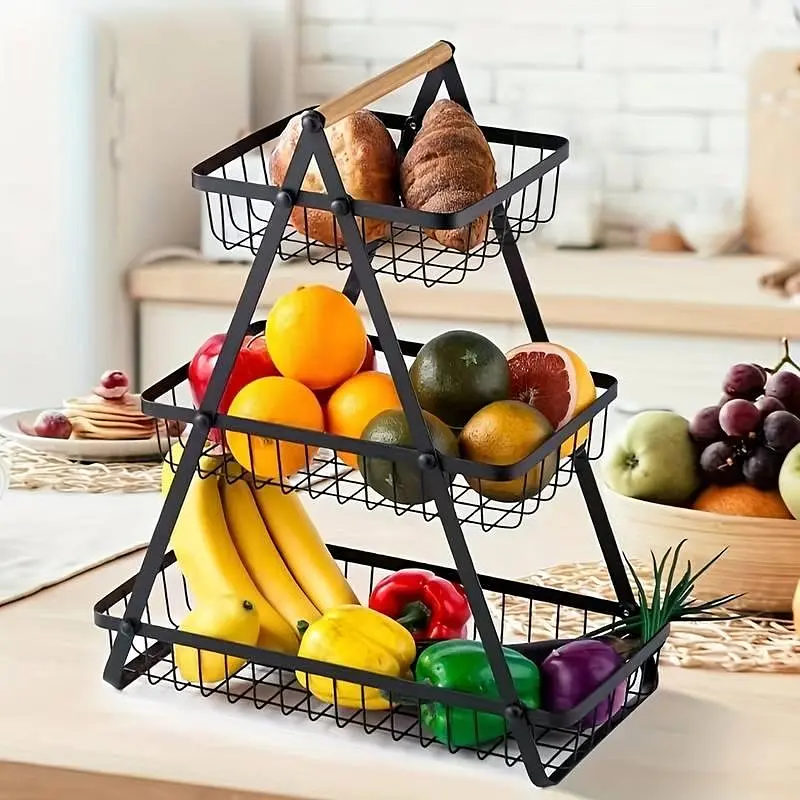 Настільний триярусний кошик - фруктівниця з дерев'яною ручкою Triple Fruit Basket · Розбірний металевий кошик для фруктів - фото 4
