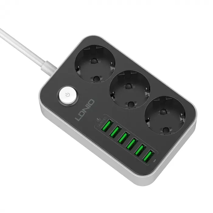 Мережевий фільтр подовжувач чорний 3 розетки з 6 USB 2м із захистом із заземленням LDNIO SE3631 2500W 10A - фото 6