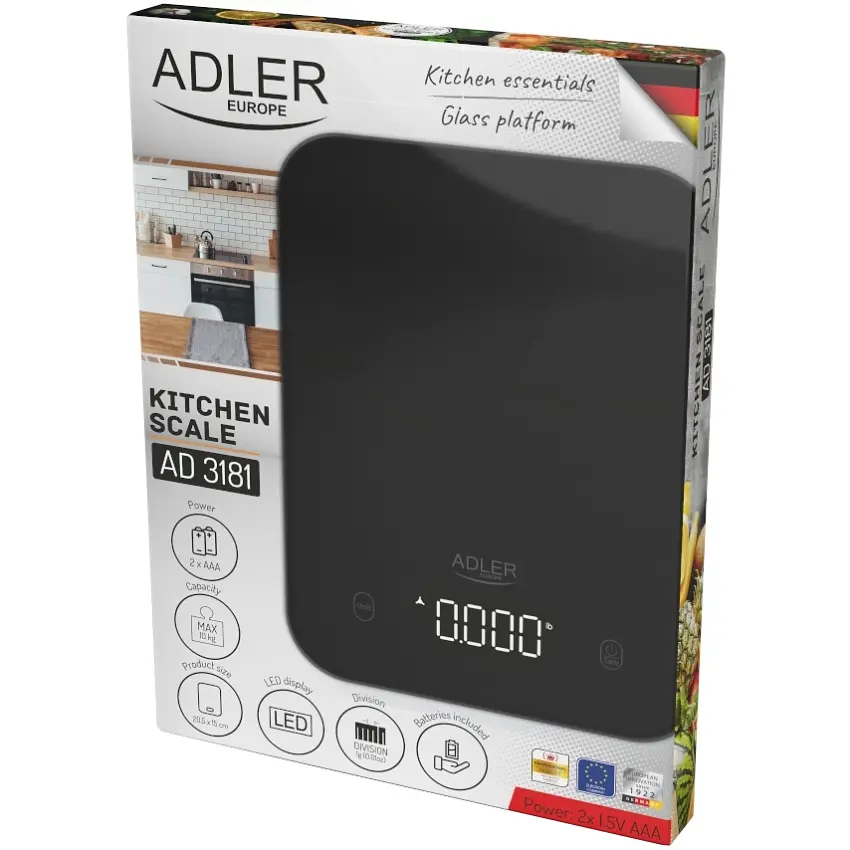 Ваги кухонні Adler AD 3181 black електронні/ 10кг/ г; кг, фунт/ 2хААА/ автовимкнення/ скло - фото 8