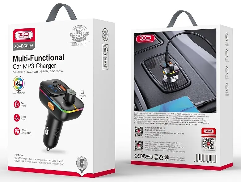 Автомобільний зарядний пристрій XO BCC09 2USB-A/USB-C QC&PD3.0 25W 3A FM Transmitter Чорний - фото 2