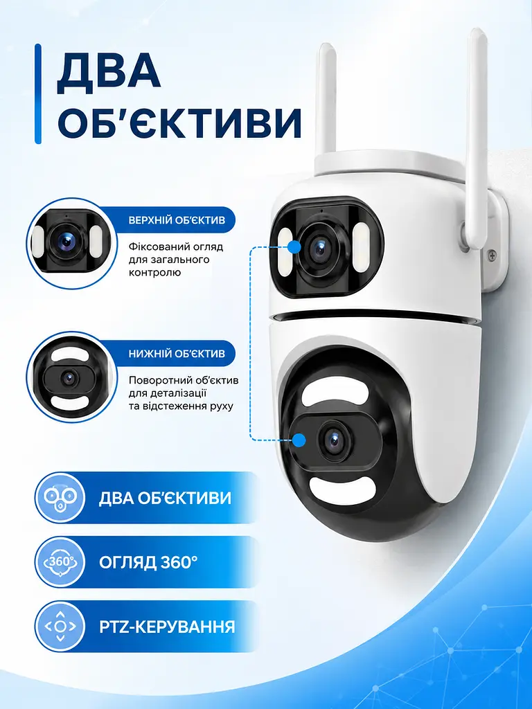 Поворотна Wi-Fi камера 360° з двома об’єктивами, PTZ, AI-детекцією до 30 м і керуванням зі смартфона, біла (49676117) - фото 2
