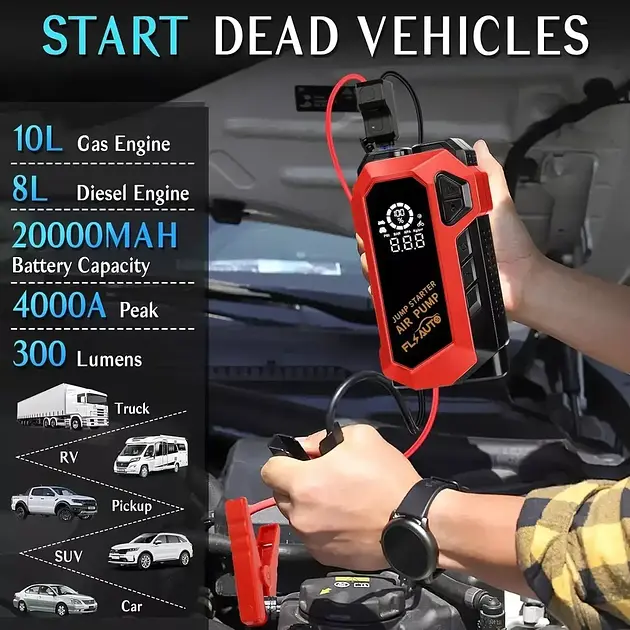 Пускозарядний пристрій Jump StaRter для автомобіля 2000мАч з компресором (Червоний) - фото 3