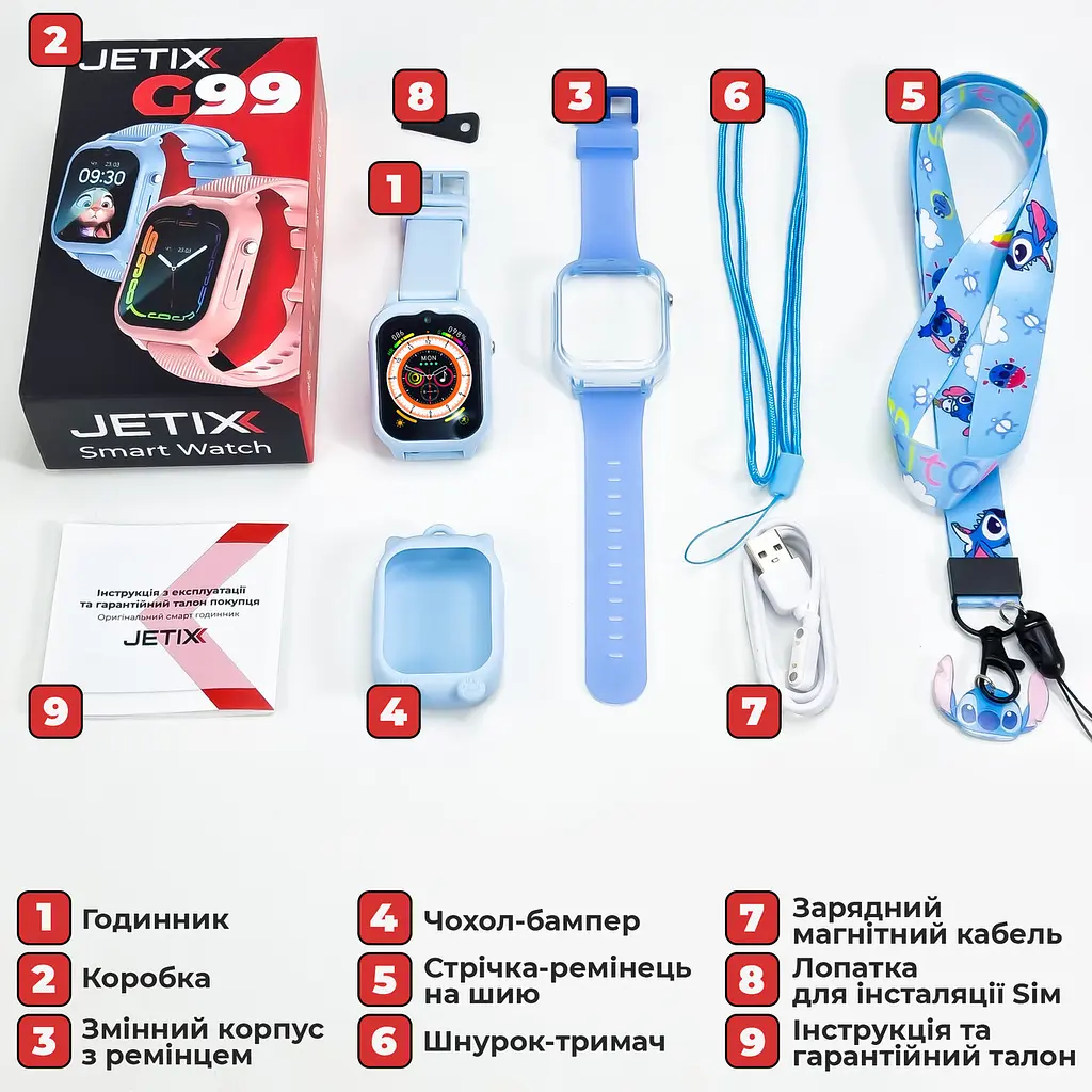 Дитячий смарт-годинник JETIX G99 зі змінним корпусом, GPS, 4G Відеодзвінком і вологозахистом Блакитний - фото 9
