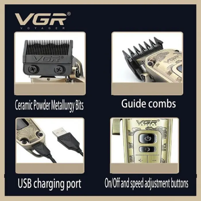 Машинка для стрижки волос беспроводная с триммером для бороды VGR V-005 Золотистая - фото 4