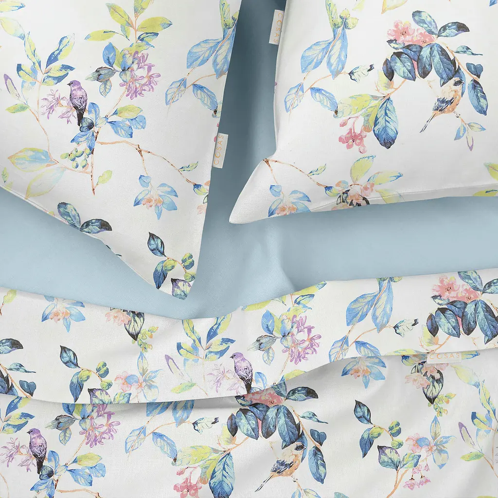 Комплект постільної білизни Cosas євро з простирадлом на резинці FLORET CS2 200 x 220 см (BirdsFlowersFoliage_El-58LightBlue_200) - фото 3