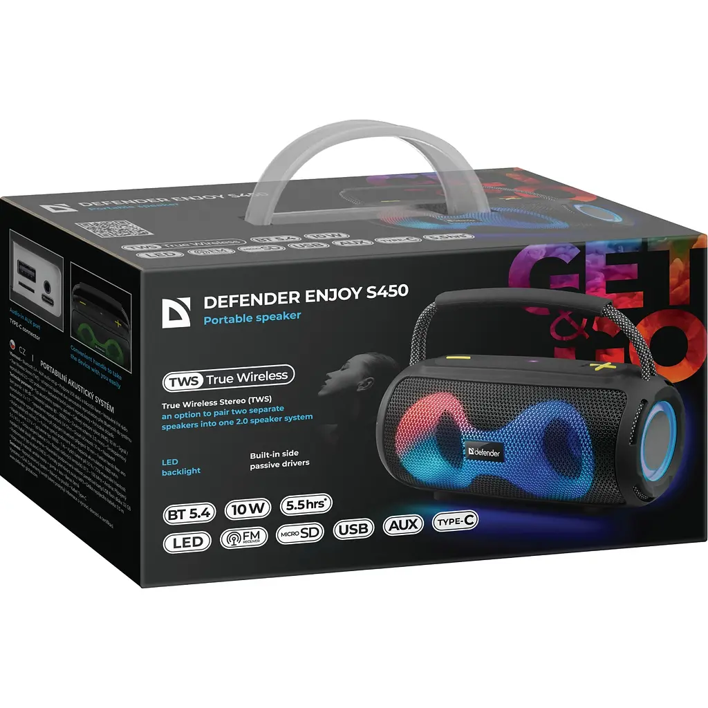 Акустична система 1.0 Defender S450, 10Вт RGB/BT/FM/USB/TF/AUX/TWS чорна - фото 9