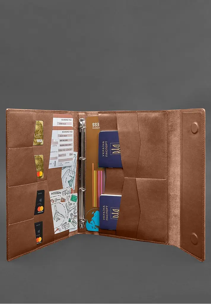 Кожаная папка для документов "Семейная" А4 на сегрегаторе с файлами светло-коричневая - фото 7