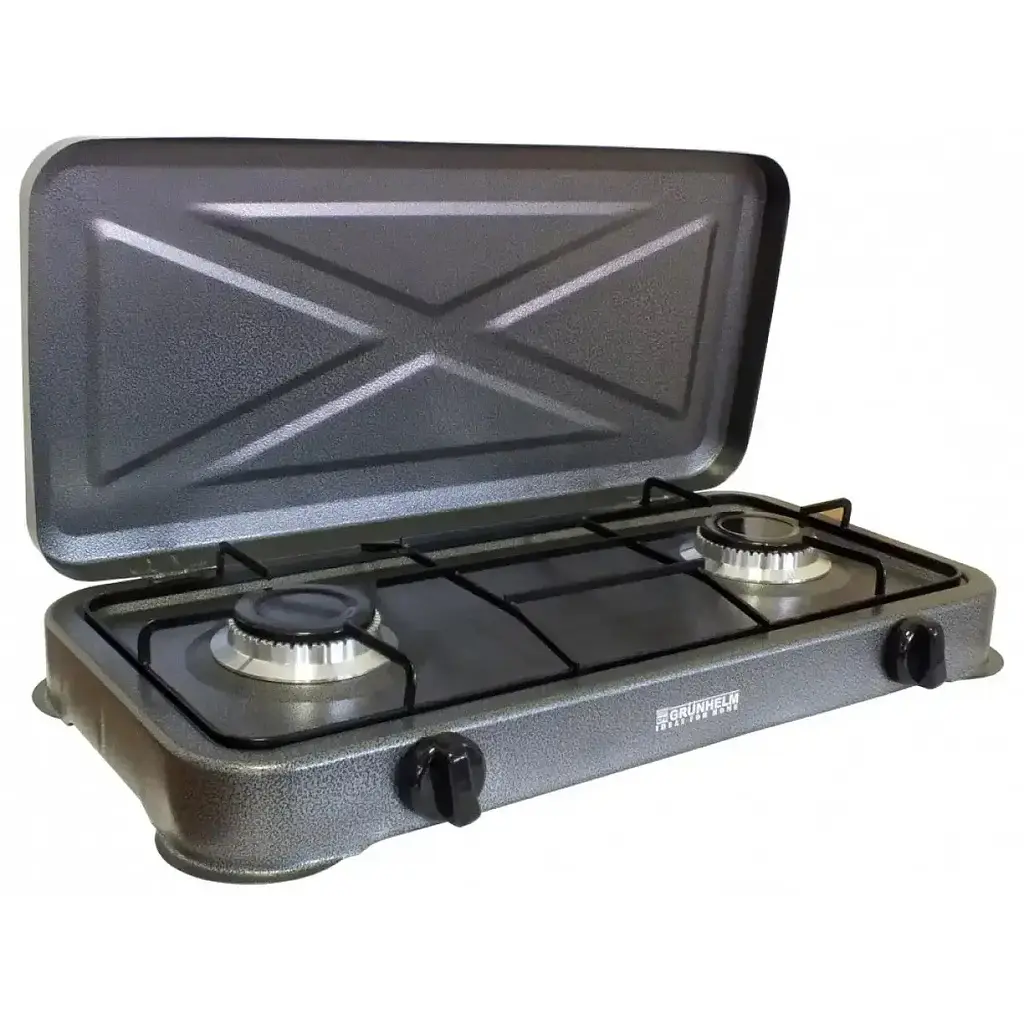Настільна газова плита Grunhelm GGP-6012 на дві конфорки з кришкою для кемпінгу нержвіюча сталь Чорна - фото 5