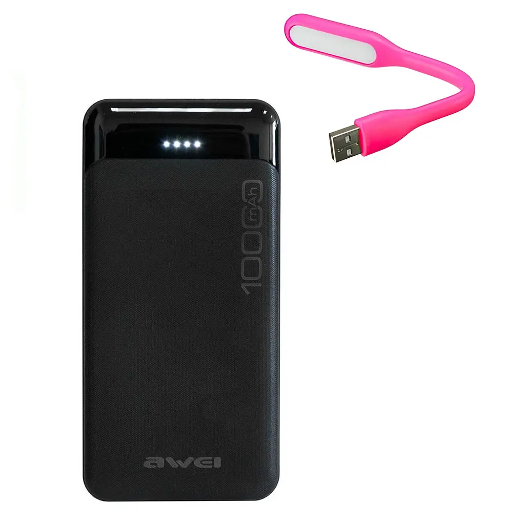 Комплект powerbank 10000 mAh "Awei P37K" Чорний, powerbank і usb світильник для ноутбука Рожевий 1.2W - фото 10