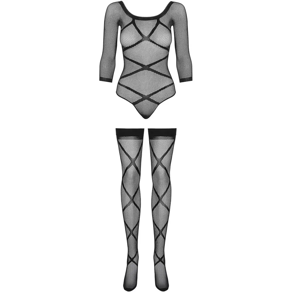 Бодістокінг Obsessive Bodystocking G320 S/M/L, панчохи, боді, декор у вигляді ліній - фото 5