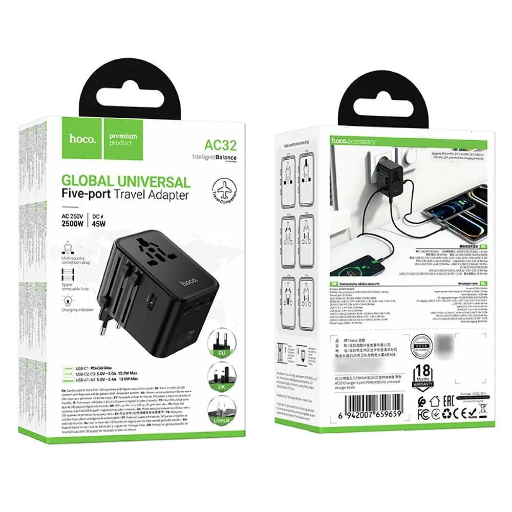 Мережевий зарядний пристрій Hoco AC32 2 USB/3 Type-C PD 45W чорний - фото 8