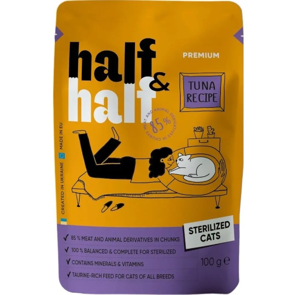 Корм вологий Half&Half для стерилізованих котів шматочки з тунцем у соусі у формі пауча 100 г