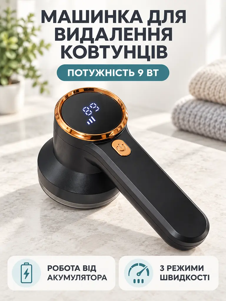 Машинка для видалення ковтунців акумуляторна 9 Вт з LED-дисплеєм та 3 режимами швидкості для одягу чорна (37261135) - фото 2