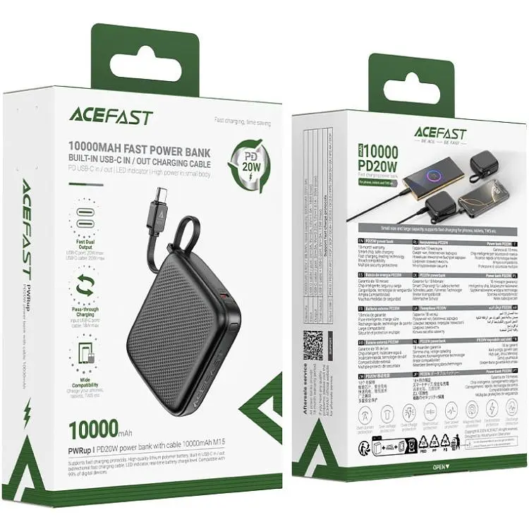 Універсальна мобільна батарея Acefast 10000mAh 20W PD,QC3.0 USB-C In/Out with build Type-C cable M15 Black (6974316283973) - фото 3