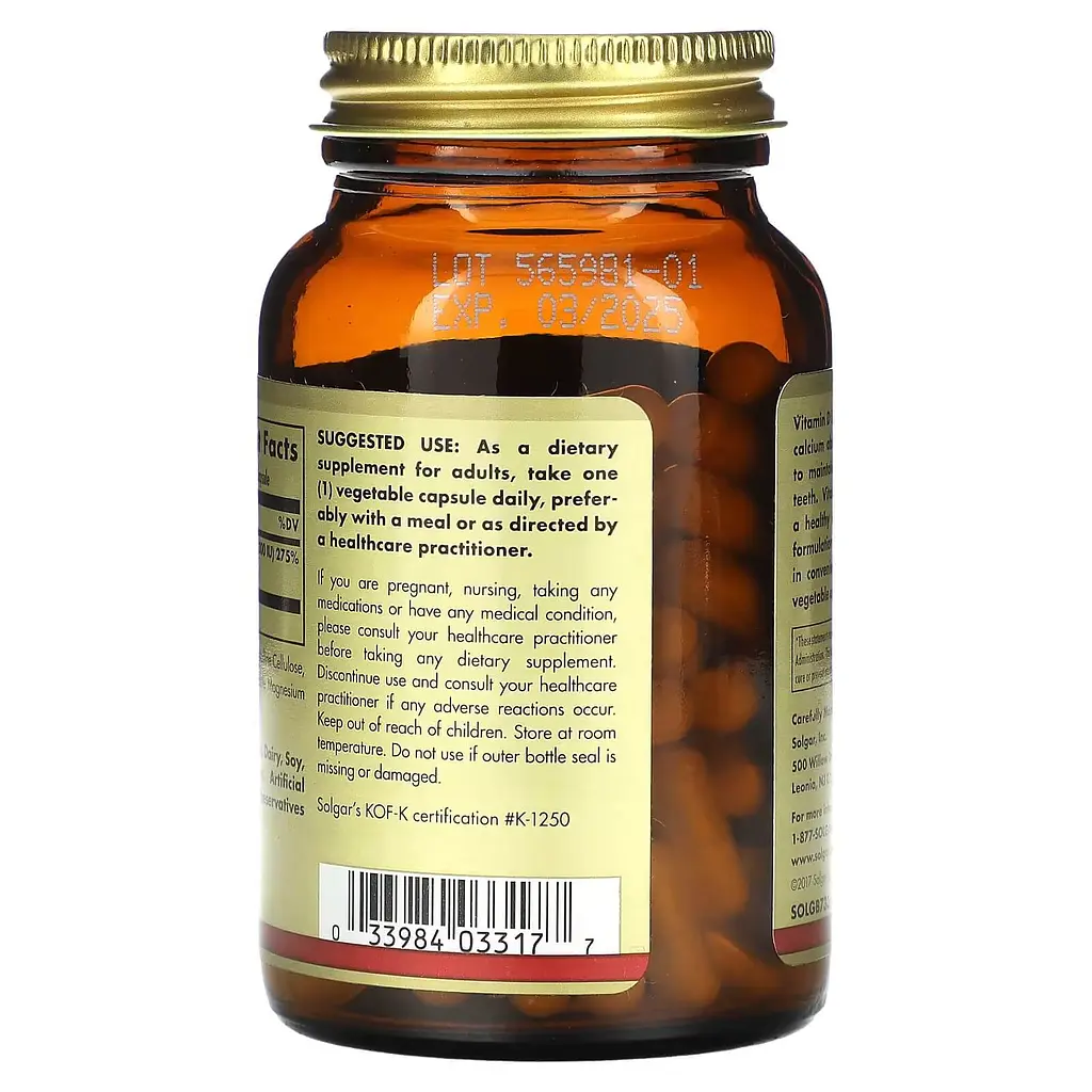Витамин D Vitamin D3 55 mcg (2200 IU) 100 капсул Solgar vit0006421 - фото 2