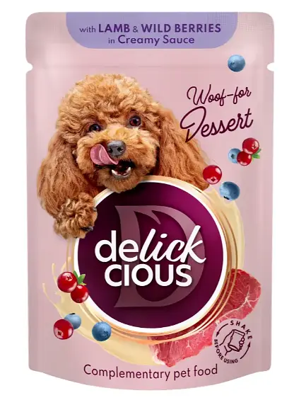 Вологий корм для собак Delickcious з ягнятком та лісовими ягодами у вершковому соусі 85 г D6211502