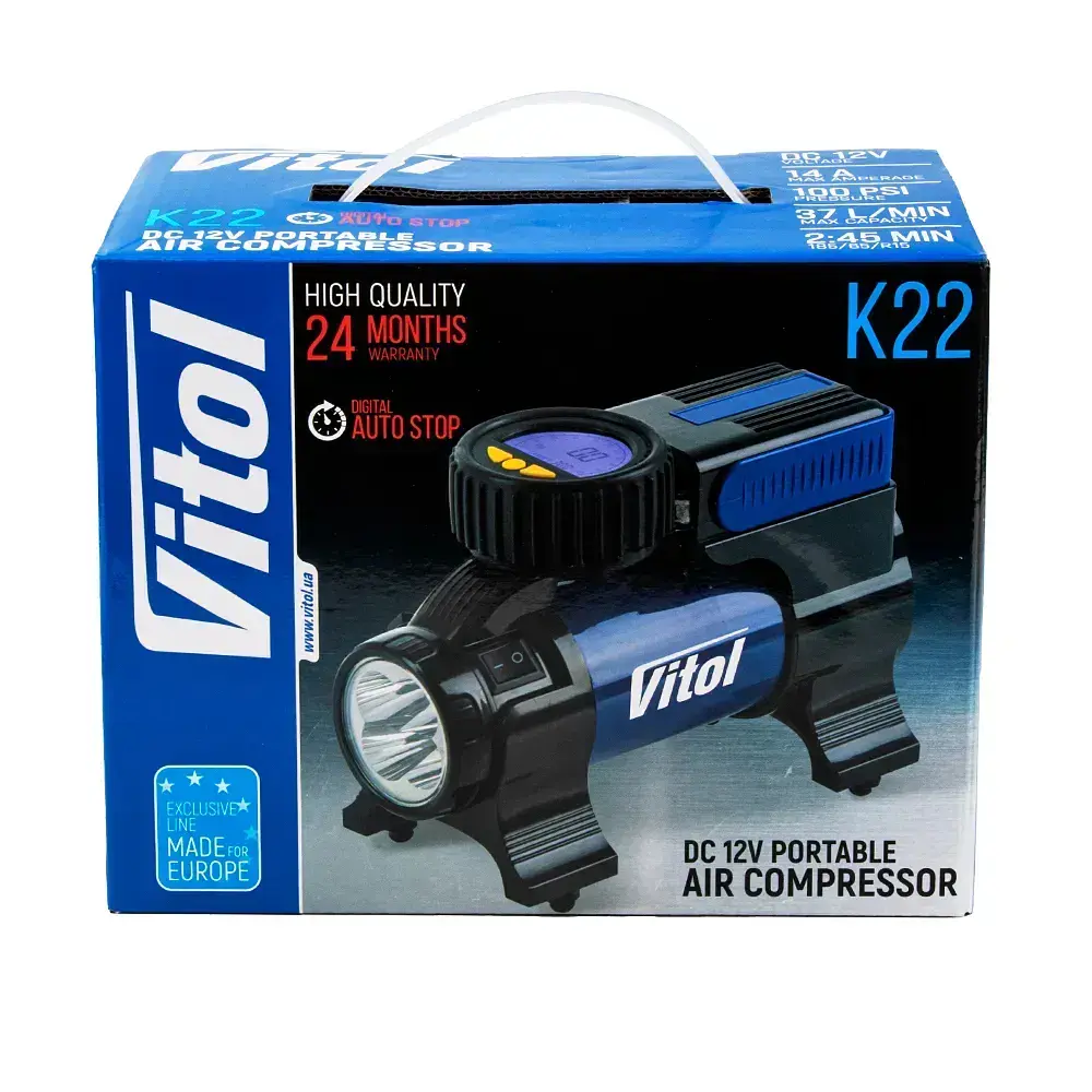 Автомобільний компресор Vitol 100psi 14Amp 37л Ліхтар Автостоп прикурювач (K-22) - фото 5