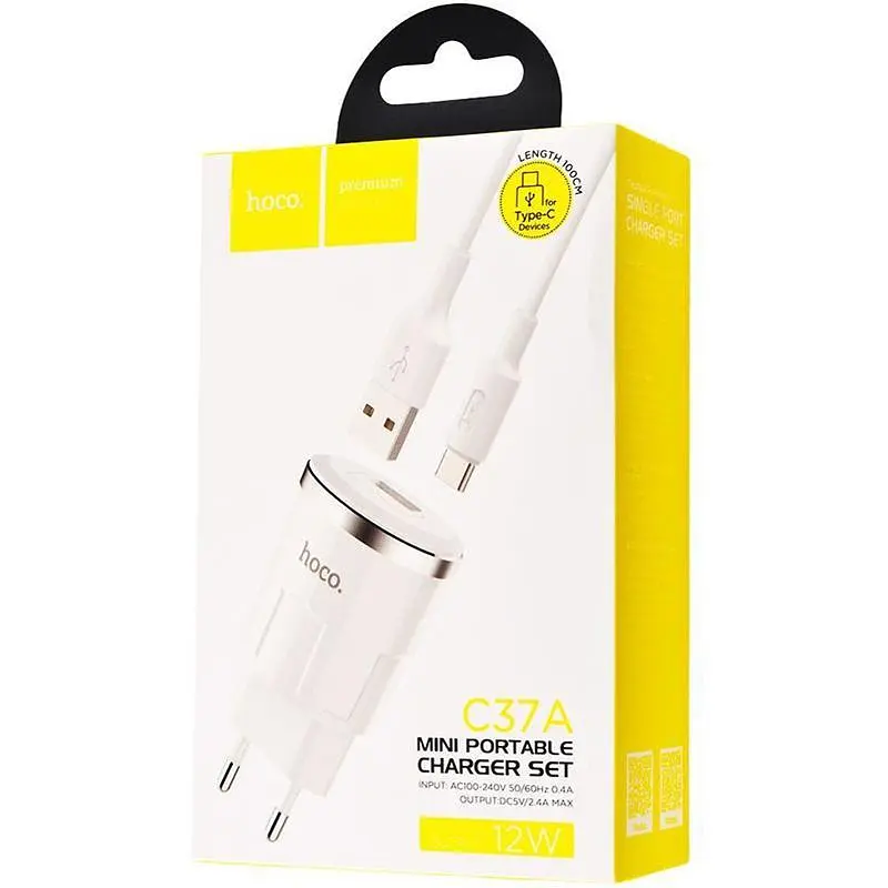 Зарядний пристрій Hoco 1USB C37A 2.4A White + USB Cable Type-C - фото 2