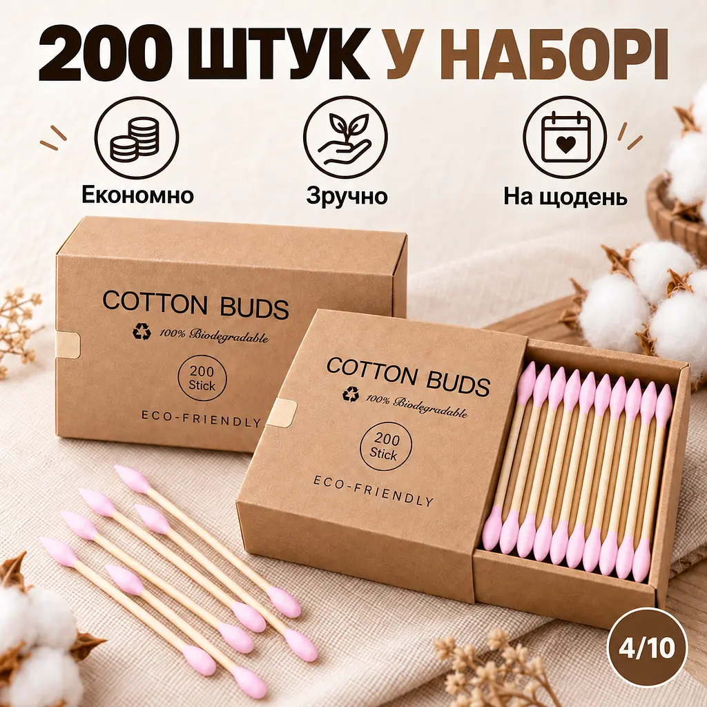 Ватні палички бамбукові двосторонні 200 шт, із загостреним та округлим наконечником, у картонній упаковці KT9003702 - фото 5