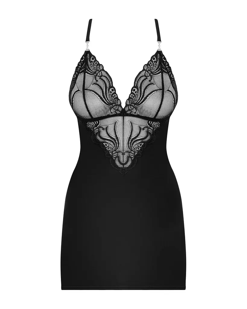 Сатиновий комплект для сну з мереживом Obsessive 828-CHE-1 chemise & thong S/M, чорний, сорочка, стр - фото 5
