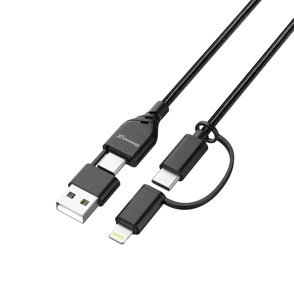 Дата кабель USB-C + USB-A to Lightning + Micro 5P + USB-C 1.0m 2.4-3A black Grand-X (PX-41B) - фото 3