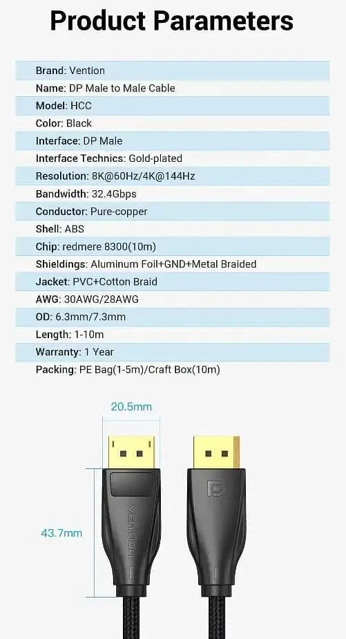 Кабель Vention DisplayPort-DisplayPort V 1.4 2 м (HCCBH) - фото 2