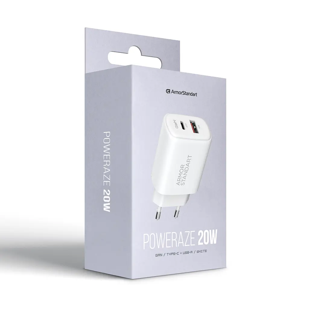 Мережевий зарядний пристрій ArmorStandart Poweraze 20W GaN Type-C + USB-A White (ARM87066) - фото 5