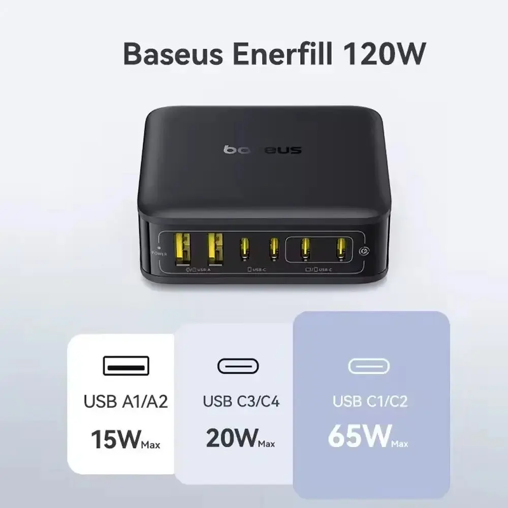 Зарядний адаптер - блок Baseus 120W E0120T EnerFill FH21 6 виходів 2U + 4C (кабель євро вилка) - фото 2