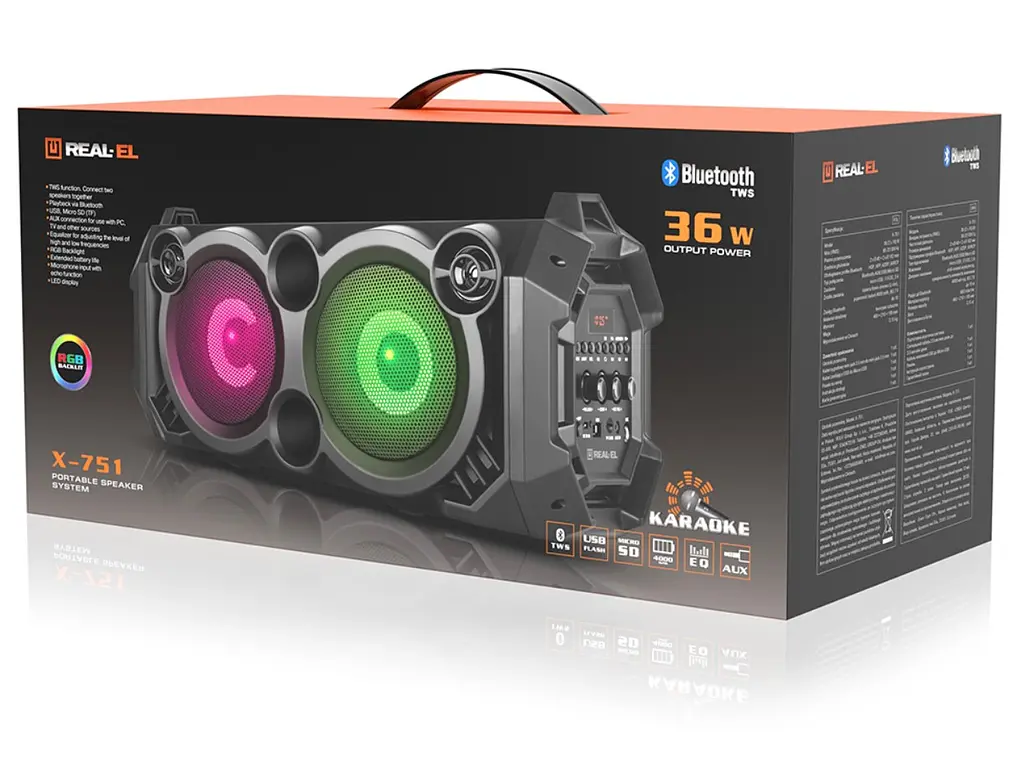 Портативная колонка бумбокс REAL-EL RX751 Boombox 36W Bluetooth TWS, Karaoke, RGB, Black - фото 11