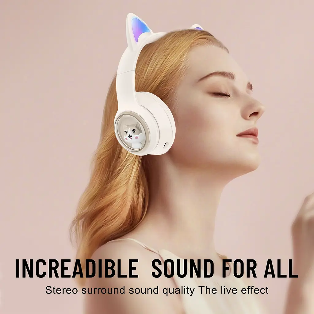 Детские беспроводные Bluetooth наушники AZK-01 c RGB подсветкой и встроенным микрофоном Бежевый - фото 9