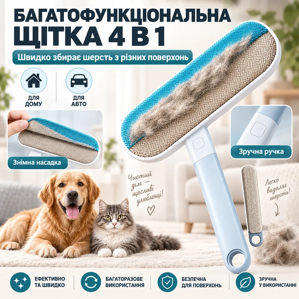 Щітка 4 в 1 для видалення шерсті тварин, чищення меблів, килимів, одягу та вікон з довгою ручкою 59 см-KT9004202 - фото 10