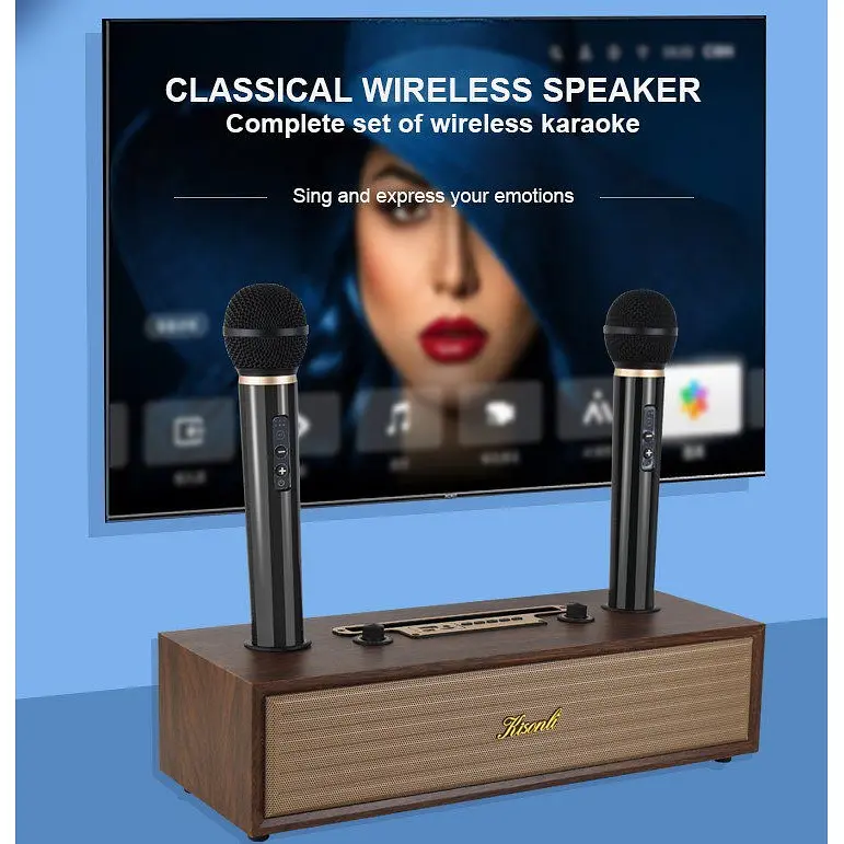 Портативна колонка ретро для караоке Kisonli G102 Bluetooth 1800 mAh 16 Вт 2 мікрофони Wooden - фото 3