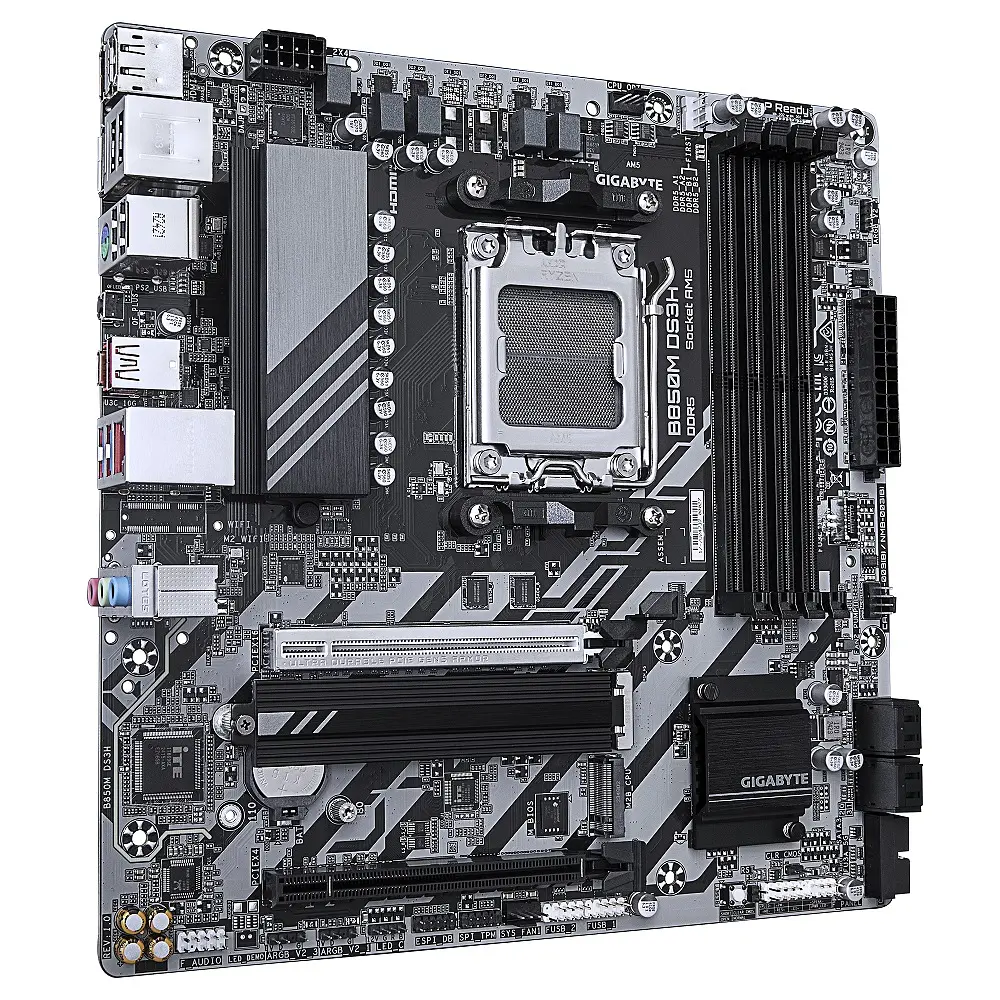 Материнська плата AM5 Gigabyte B850M DS3H, B850, 4xDDR5, Int.Video (CPU), 4xSATA3, 2xM.2, 1xPCI-E 5.0 x16, 1xPCI-E 3.0 x16, Realtek 7.1, Realtek 2.5GbE, 6xUSB 3.2 / 8xUSB 2.0, HDMI/2xDP, MicroATX - фото 3