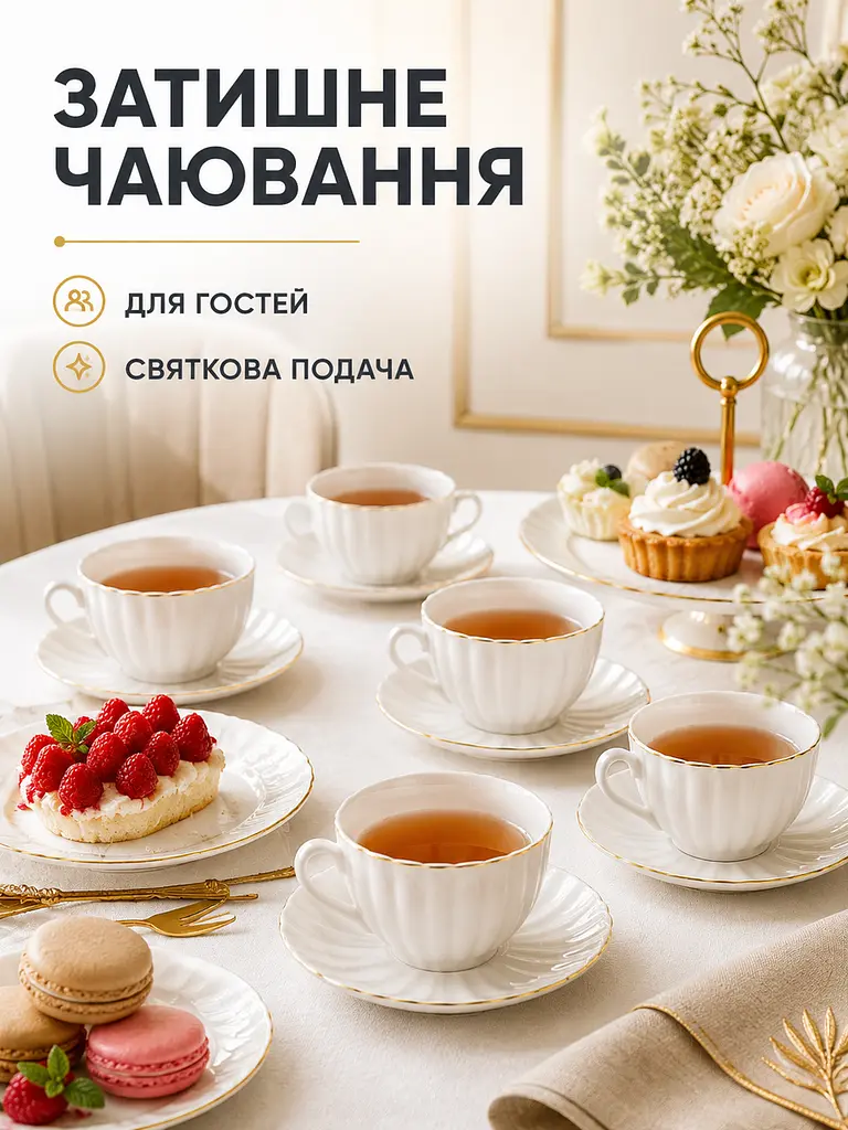 Чайний сервіз фарфоровий на 6 персон 12 предметів, чашки 200 мл, блюдця Ø14 см (49676219) - фото 4