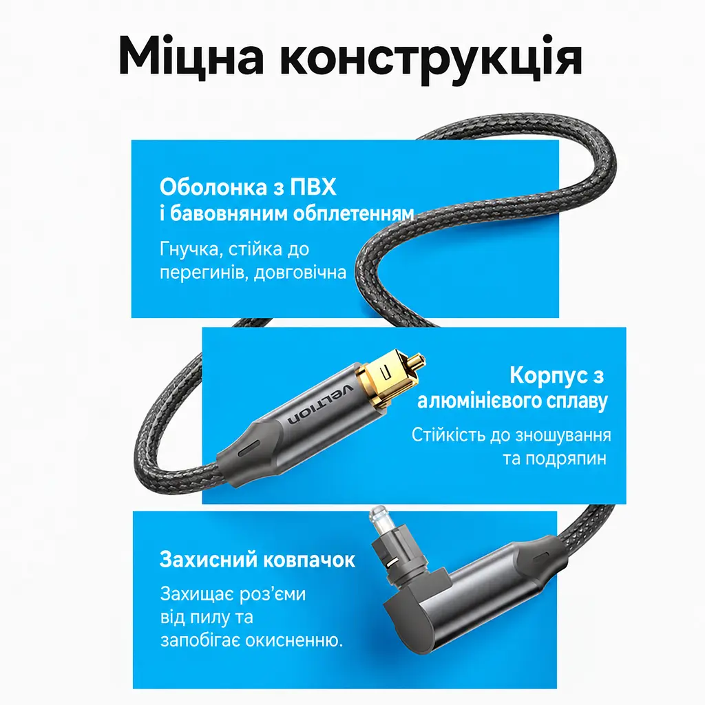 Оптический аудиокабель Vention длина 1,5 м внешний диаметр 4,5 мм Toslink тослинк оптические штекеры S/PDIF на обоих концах несжатый 2-канальный PCM или сжатый многоканальный звук DTS или Dolby 5.1/7.1 при поддержке устройств угловой штекер 90° с поворотом на 360° прямой штекер на другом конце гибкая ПВХ-оболочка с хлопковой оплёткой чёрный (BKDBG) - фото 5