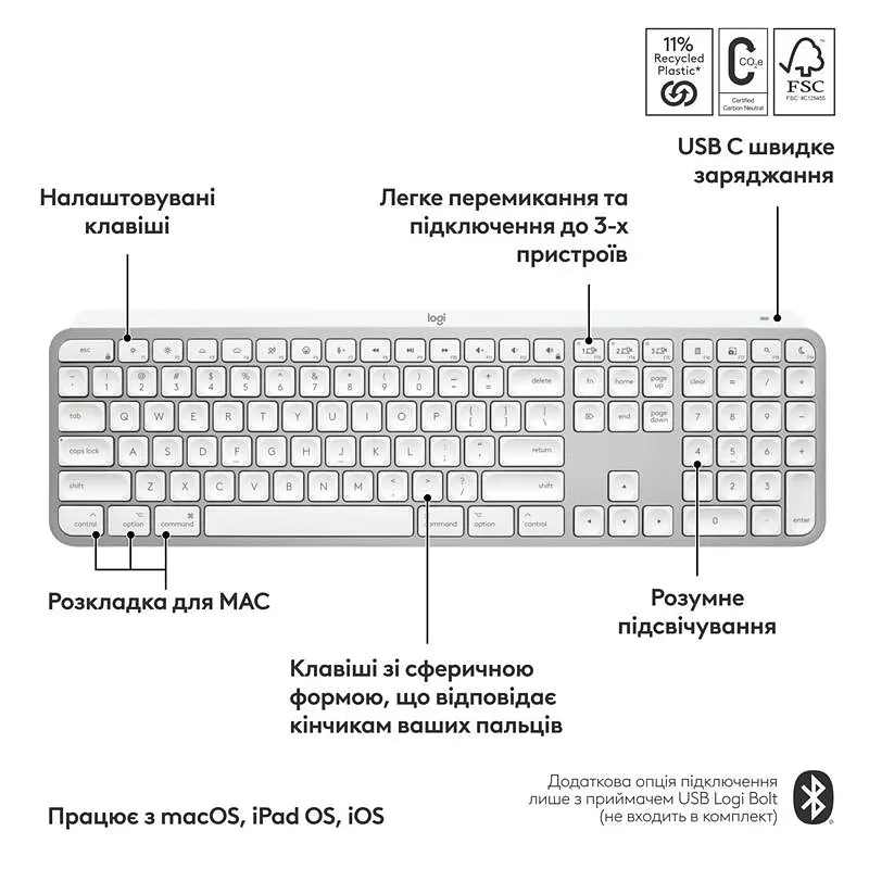 Клавiатура бездротова Logitech MX Keys S for Mac Pale Grey (920-011638) - фото 8