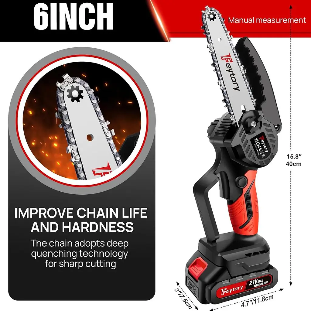 Бездротова бензопила Huini Mini Cordless 6 дюймів з великою літій-іонною батареєю, потужна електрична бензопила з 2 ланцюгами - фото 4