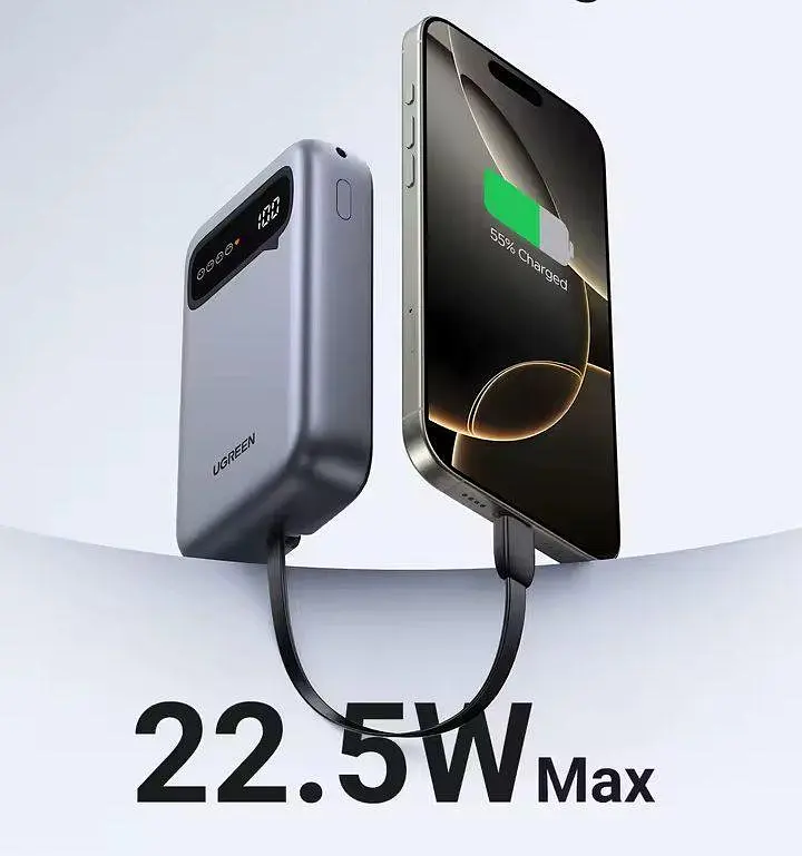 Повербанк Ugreen PB525 20000 mAh 22.5 Вт з вбудованим кабелем Type-C швидкою наскрізною зарядкою та LED дисплеєм - фото 4