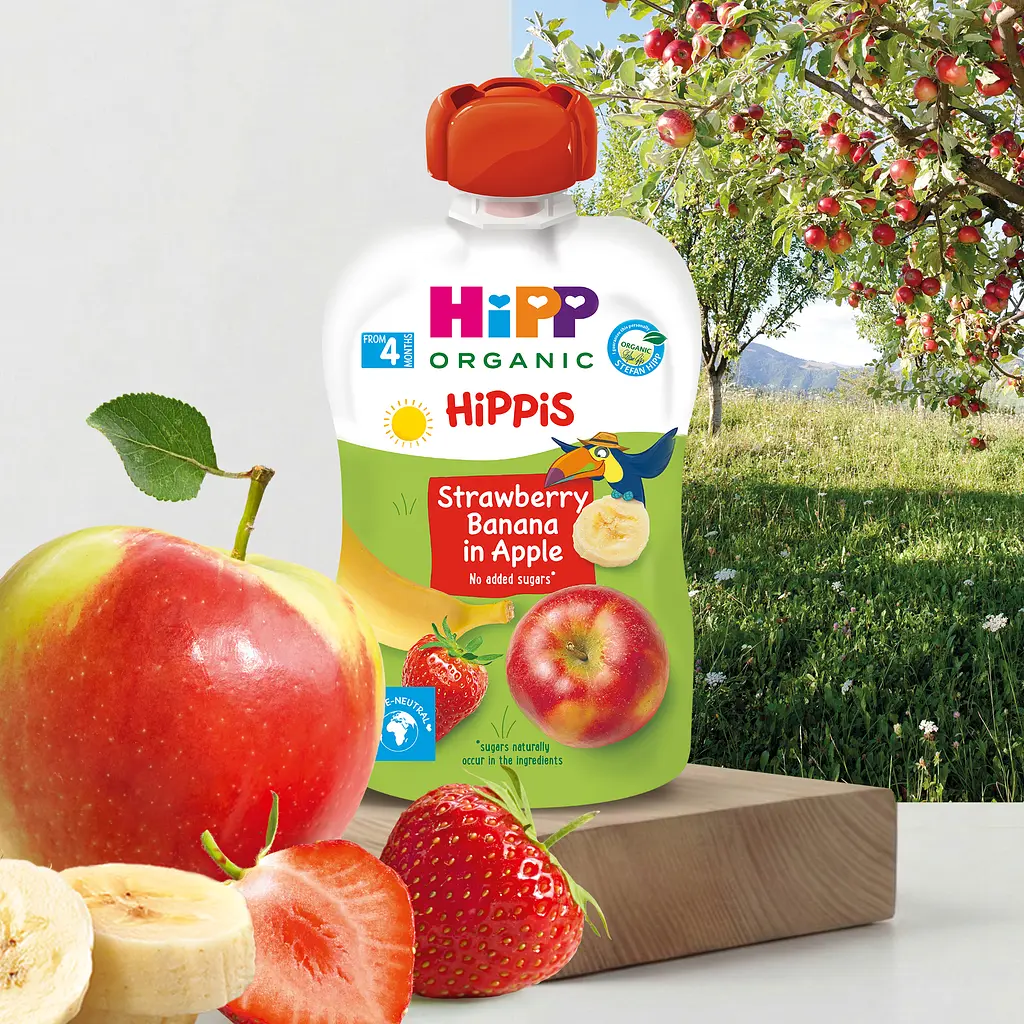 Органічне фруктове пюре HiPP HiPPiS Pouch Яблуко-полуниця-банан 100 г - фото 2