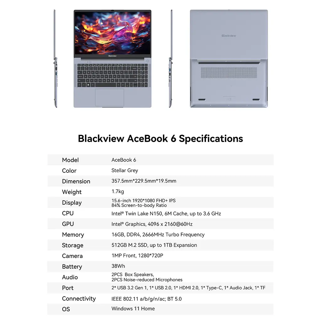 Ноутбук Blackview Acebook 6,16GB DDR4 512GB, N150 36GHz / UHD, Win11 Home, 38Wh, +, HDMI 2.0, Bluetooth 5.0, USB 3.0 - фото 11